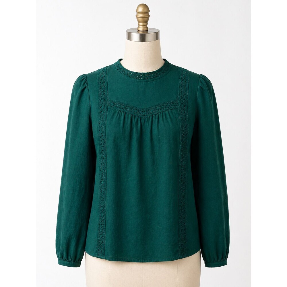 J.Crew Emerald Green Lightweight Cotton Lace Accent Blouse Size Small Top